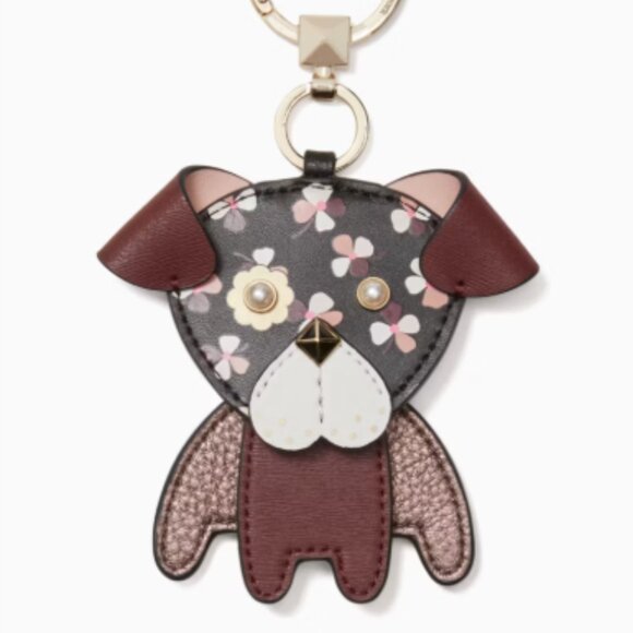 Kate Spade Floral Pup Dog Cherrywood Charm Keychain - Picture 4 of 6